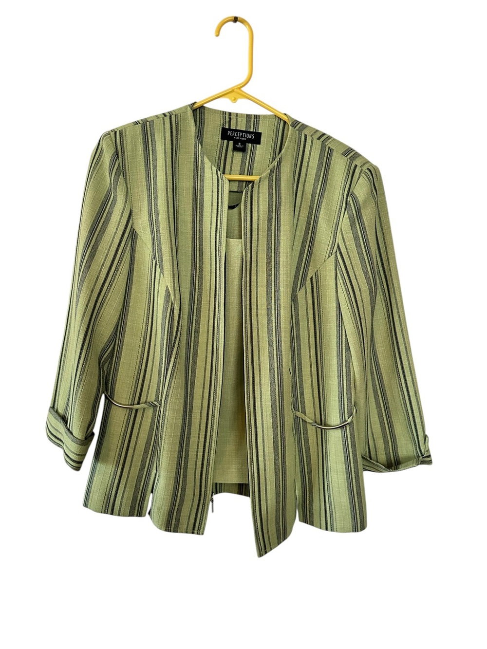 Perceptions Light Green Striped Open-Front Blazer